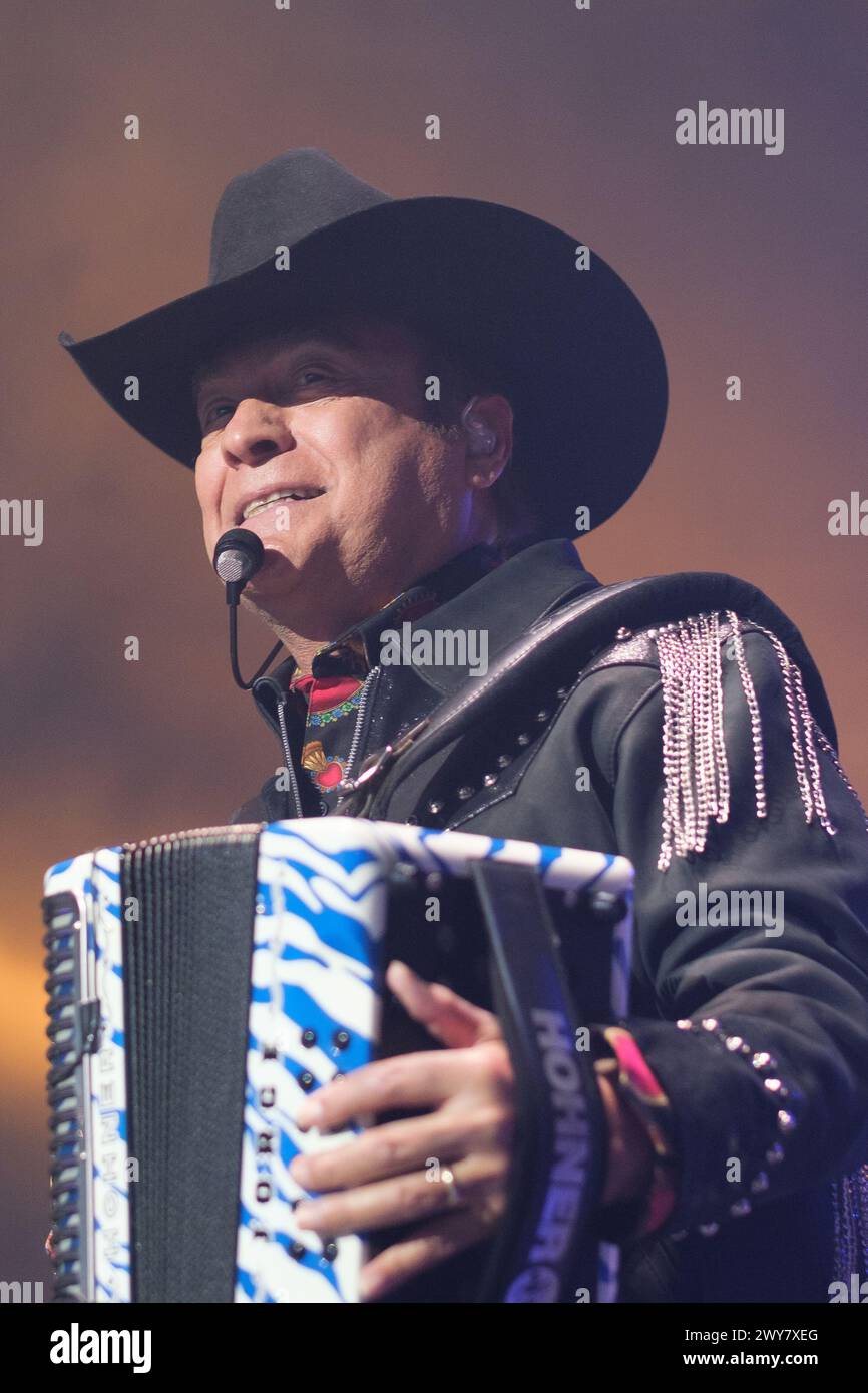 Musical group Los Tigres Del Norte perform during concert at the WizCenter in Madrid, April 4, 2024, Spain Stock Photo