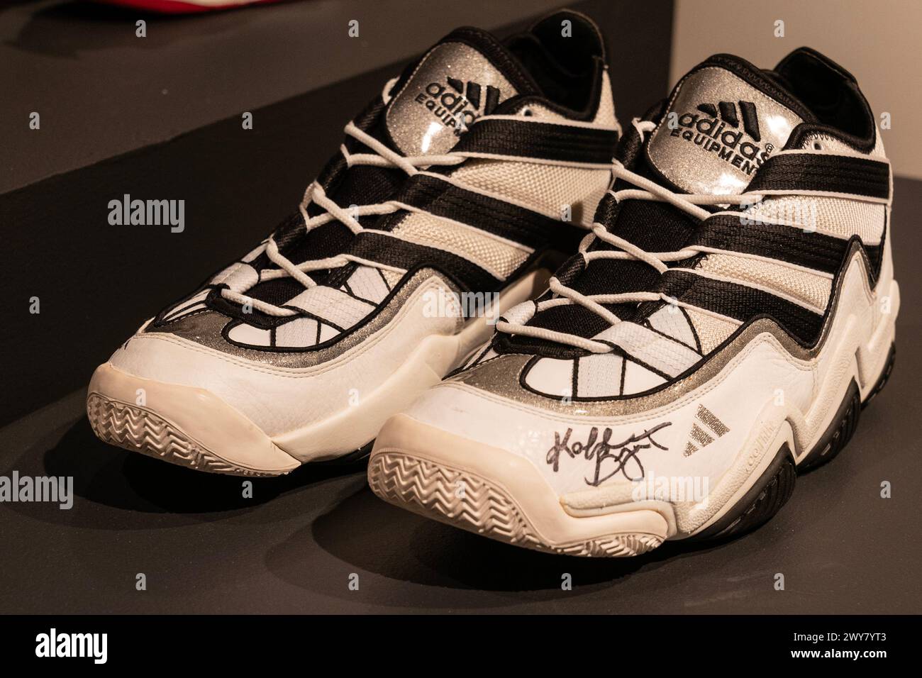 Kobe Bryant Adidas worn sneakers attributed to photoshoot on display during press preview for the Sotheby s auctions of sport memorabilia in New York on April 4 2024. Auctions will take place online