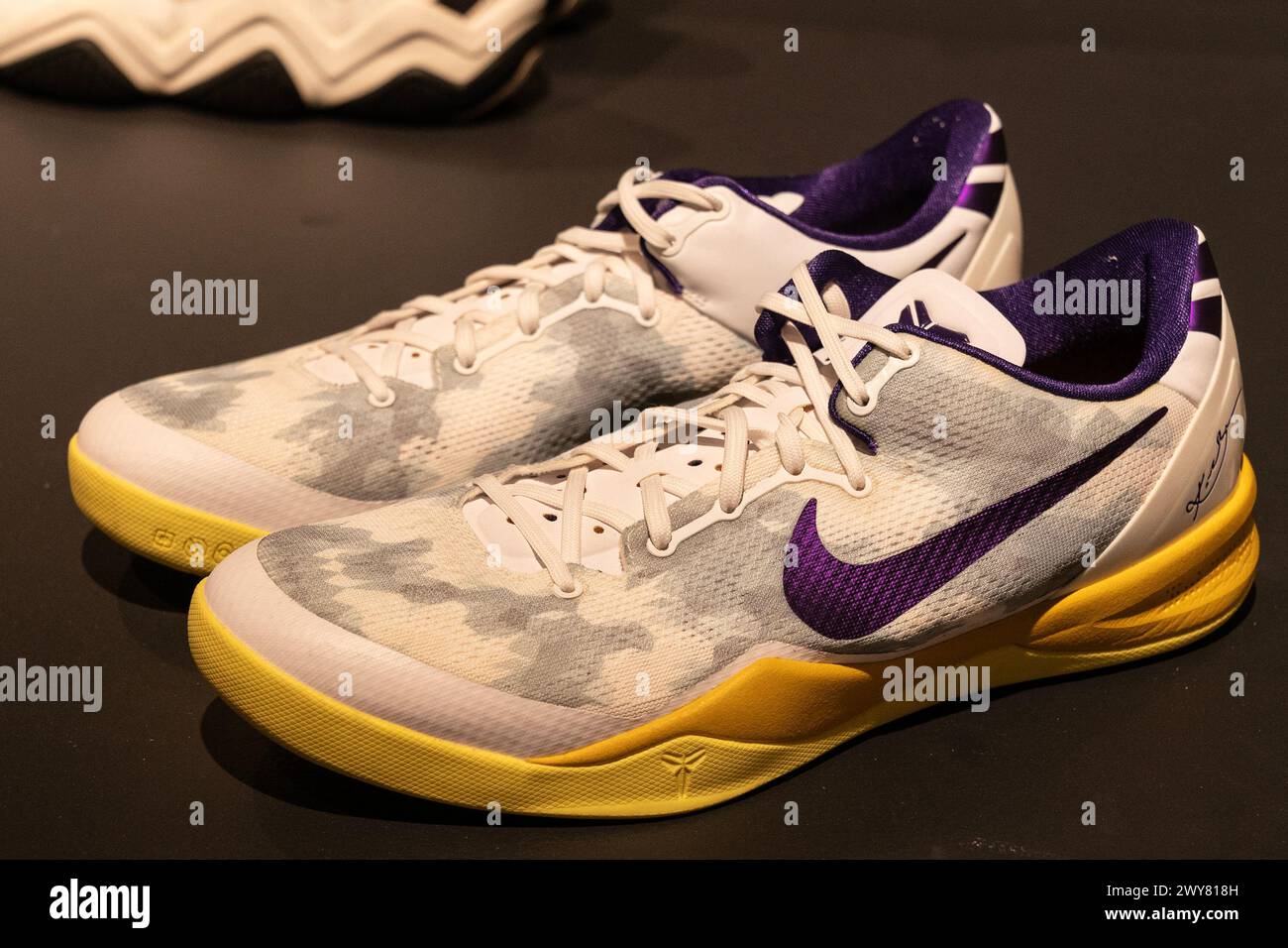 Kobe Bryant Los Angeles Lakers season 2012 2013 worn sneakers on display during press preview for the Sotheby s auctions of sport memorabilia in New York on April 4 2024. Auctions will take place