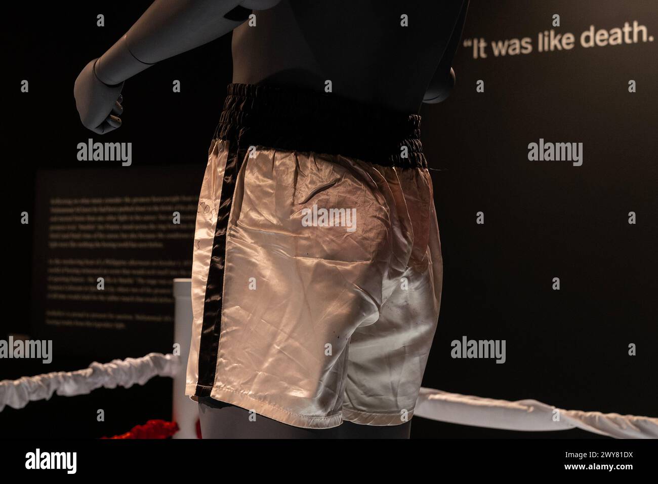 Muhammad Ali's fight worn Everlast trunks from The 'Thrilla in Manila' match with still visible reddish color from paint of the ring rope on display during press preview for the Sotheby's auctions of sport memorabilia in New York on April 4, 2024. Auctions will take place online and live in person on April 11, 2024. Some highlights include Muhammad Ali worn trunk from The 'Thrilla in Manila', Kobe Bryant worn jersey from 2009 NBA Finals, Michael Jordan Air Jordan 11s from 1996 NBA Finals, as well as memorabilia from NBA All-Star 2024 and collection of sneakers worn by NBA greatest players. (P Stock Photo