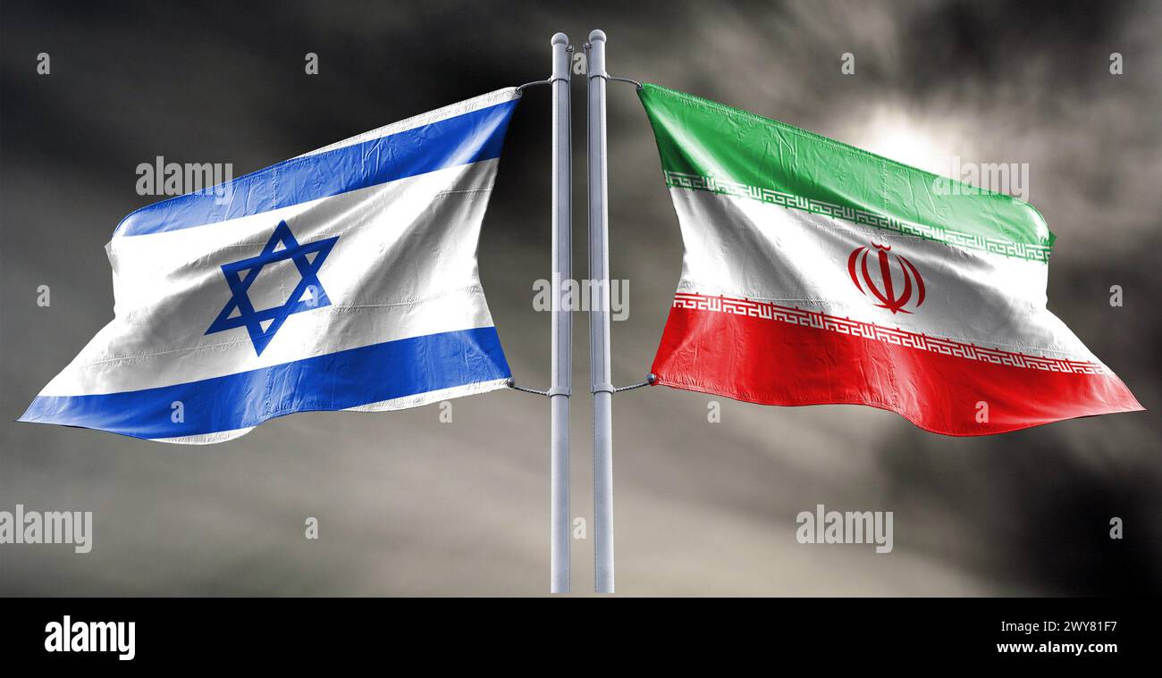 Iran and Israel flags Stock Photo Iranian drones and missiles Stock Photo