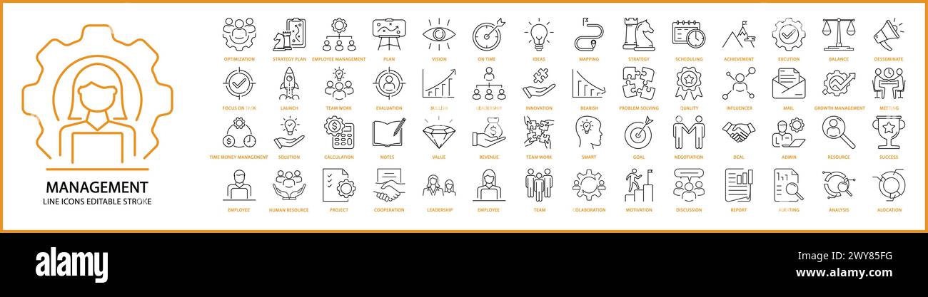 Management icons. Management icon set. Management line icons. Vector illustration. Editable stroke. Stock Vector
