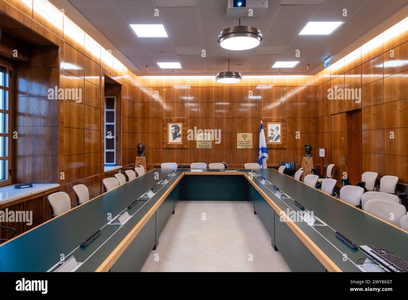 David Ben Gurion conference hall inside the Jewish Agency for Israel which is the largest Jewish nonprofit organization responsible for the immigration and absorption of Jews and their families from the Diaspora into Israel. Located in Rehavia also Rechavia neighborhood in West Jerusalem Israel Stock Photo