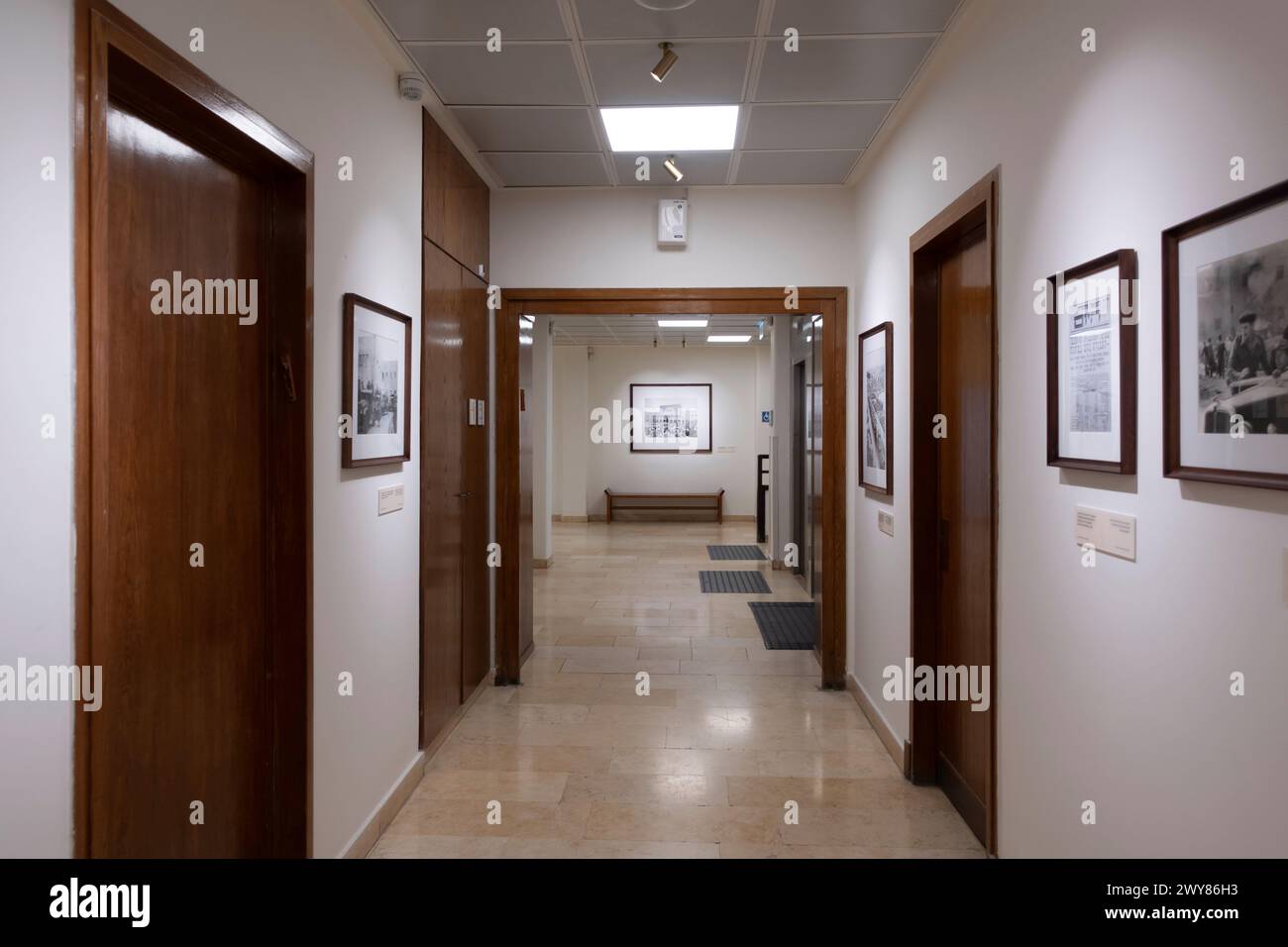 A corridor at the Jewish Agency for Israel which is the largest Jewish nonprofit organization responsible for the immigration and absorption of Jews and their families from the Diaspora into Israel. Located in Rehavia also Rechavia neighborhood in West Jerusalem Israel Stock Photo