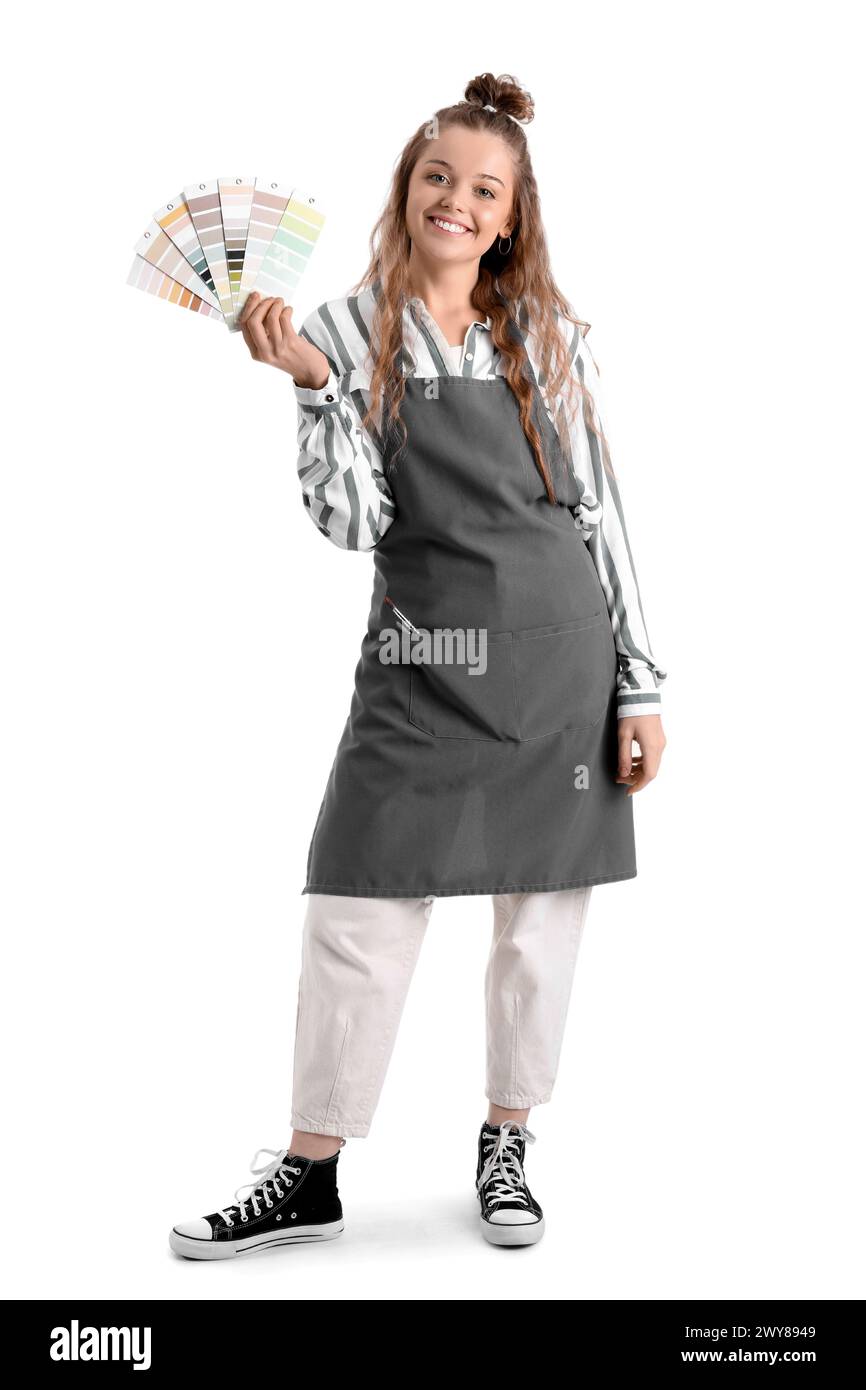 Female artist with paint color palettes on white background Stock Photo ...