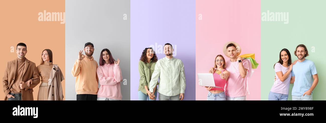 Collage of young couples in love on color background Stock Photo - Alamy