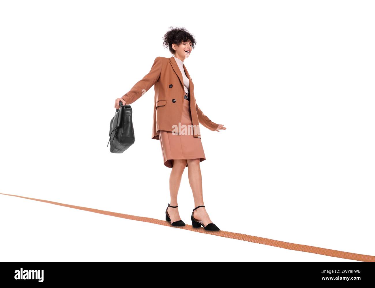 Walking Confidence Rope Rope Businesswoman walking rope against white background. Risk or balance ...