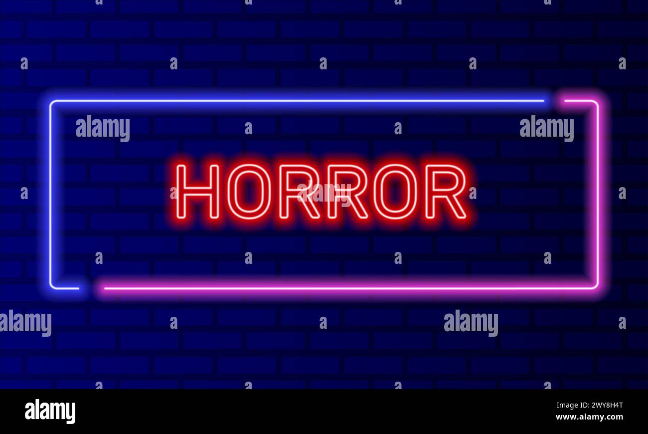 Neon sign horror in speech bubble frame on brick wall background vector ...
