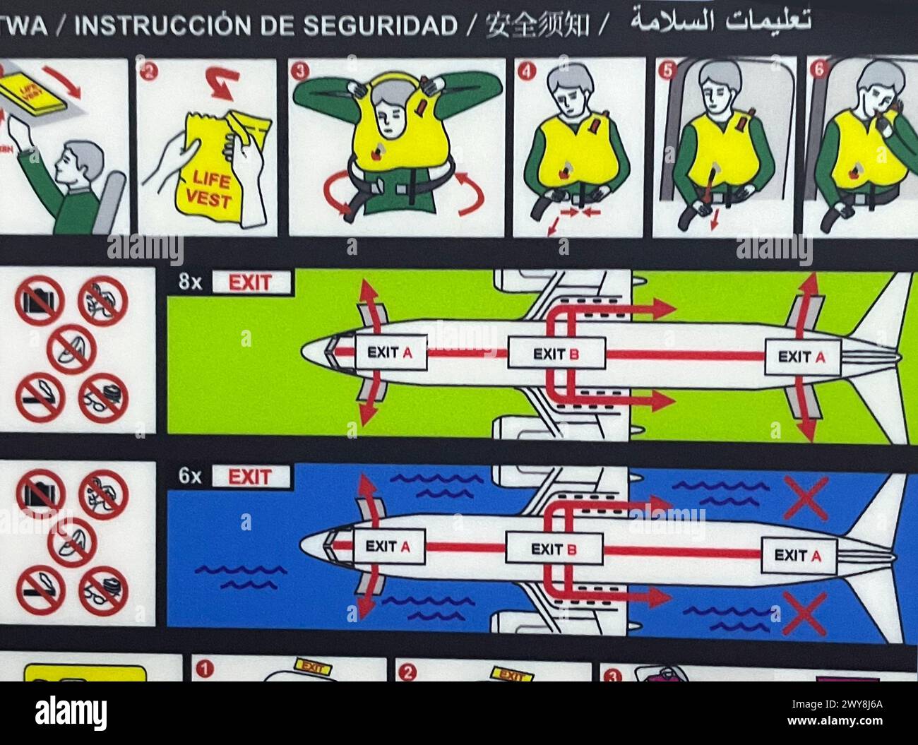 Security and evacuation instructions on the back of a seat on a Ryan ...