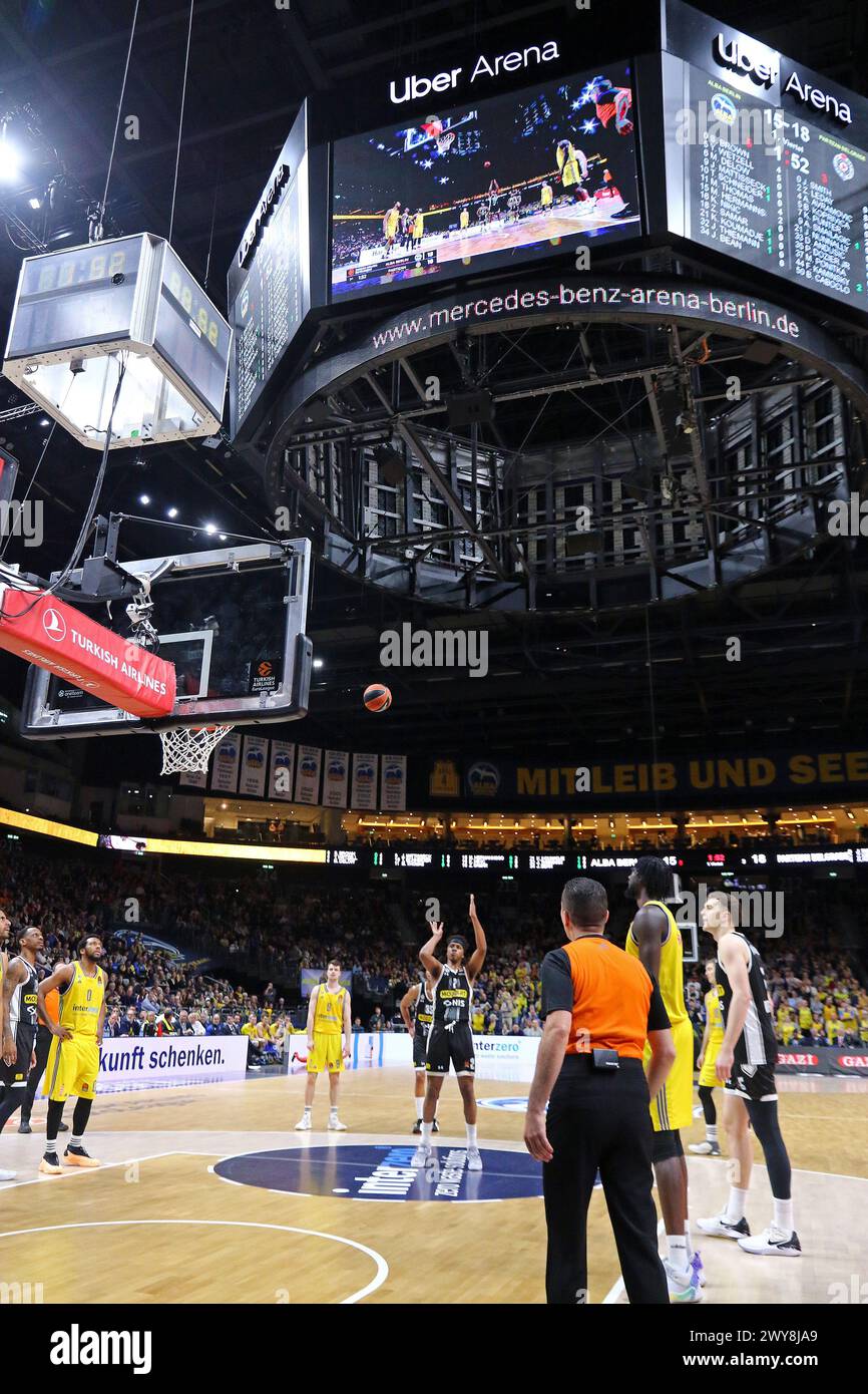 Berlin, Germany. 4th April 2024: Zach LEDAY of Partizan Belgrade (#2) performs a free throw (foul shot) during Turkish Airlines EuroLeague basketball game against ALBA Berlin at Uber Arena in Berlin. Partizan won 94-83. Credit: Oleksandr Prykhodko/Alamy Live News Stock Photo