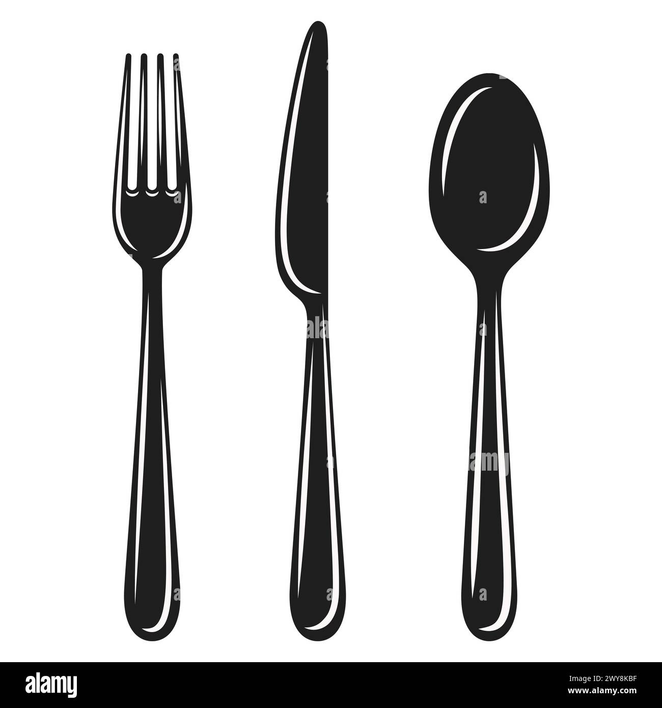 Vector Flat Black and White Dinner Fork, Knife and Spoon Icon Set ...
