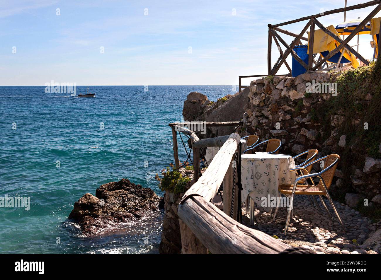 Coastal outdoor cafe setting, Marina Piccola Capri, Campania, Italy, Europe Stock Photo