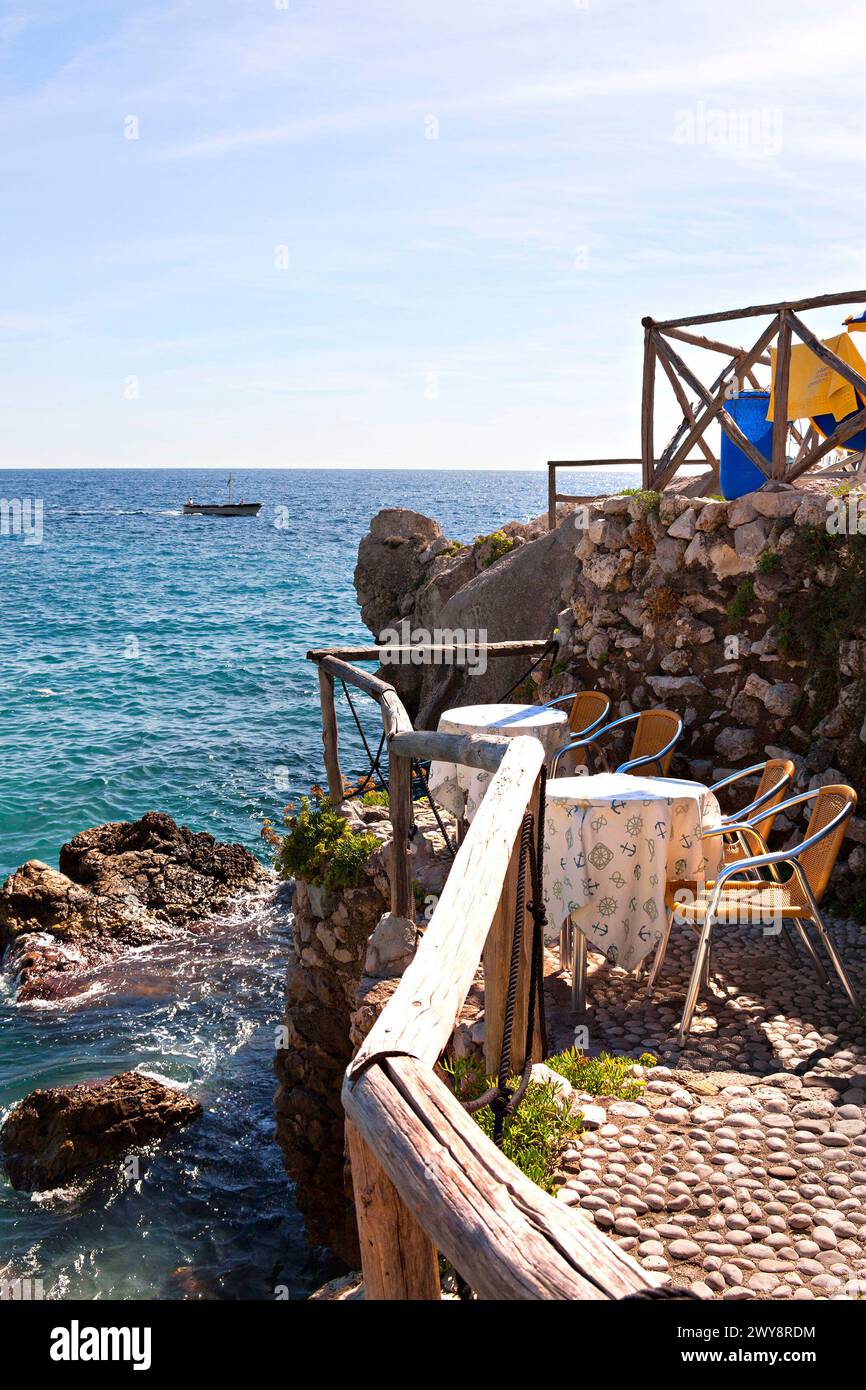 Coastal outdoor cafe setting, Marina Piccola Capri, Campania, Italy, Europe Stock Photo