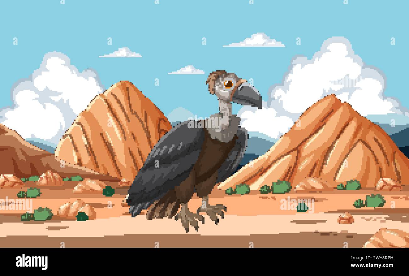 Cartoon vulture standing in a barren desert Stock Vector