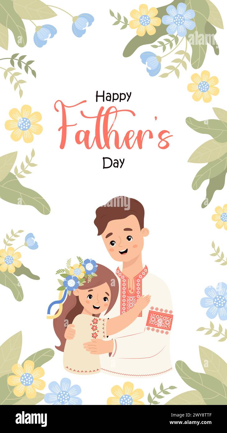 Happy Father's Day poster. Ukrainian man with daughter in traditional
