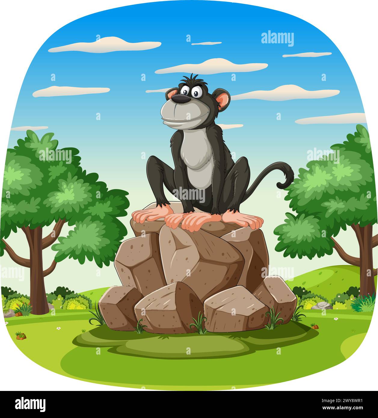 Cartoon monkey on rocks in a green landscape Stock Vector Image & Art ...