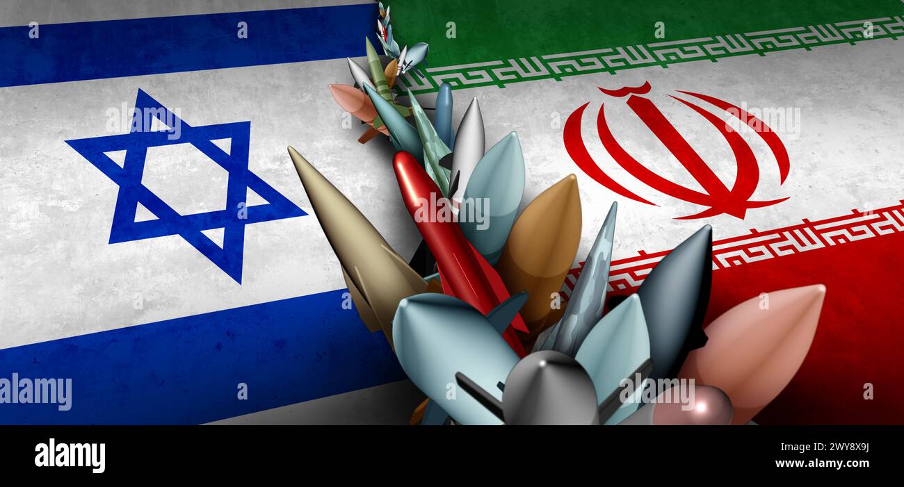 Iran Israel Military Crisis and armed confrontation or Israeli Iranian proxy war conflict with two opposing governments in a dispute as a persian gulf Stock Photo