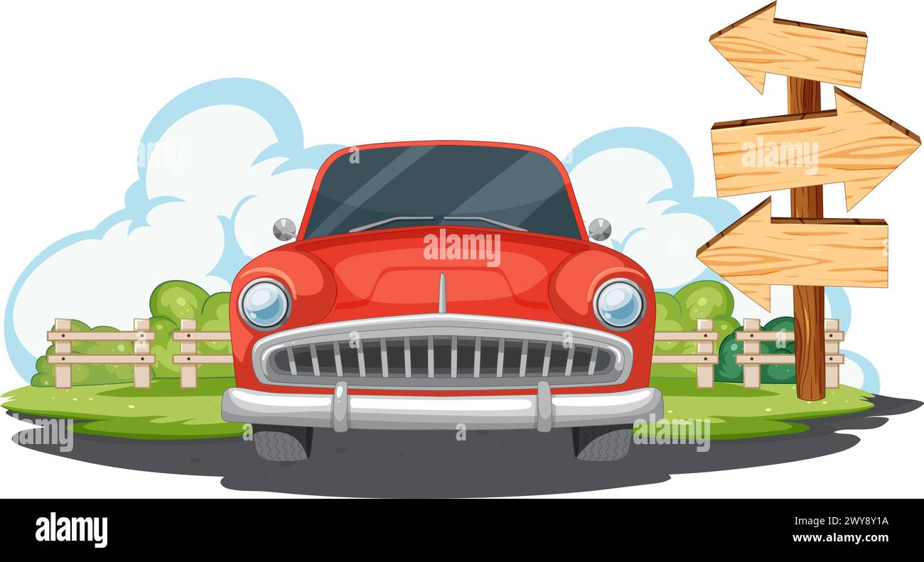 Classic red car near wooden directional signpost Stock Vector Image ...