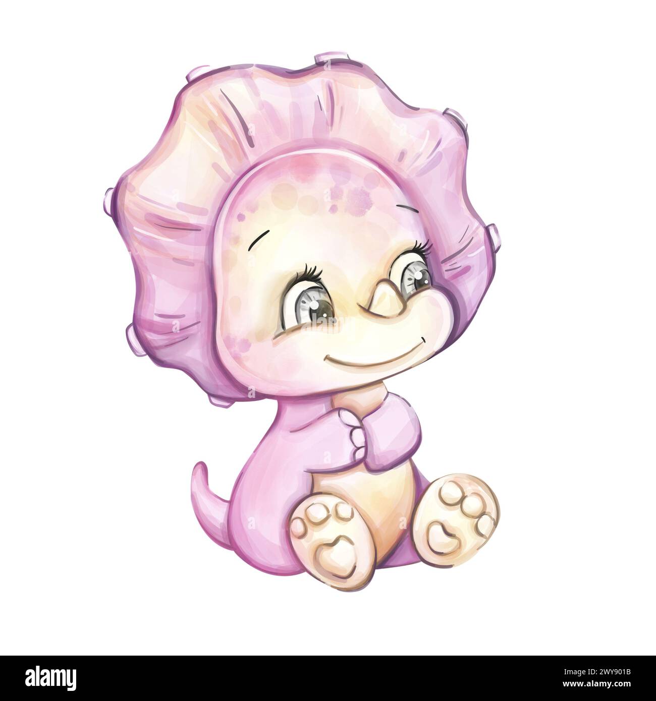 Watercolor cute baby girl dinosaur for nursery, newborn. Cartoon animal for kids design. Jurassic wild animal Stock Photo