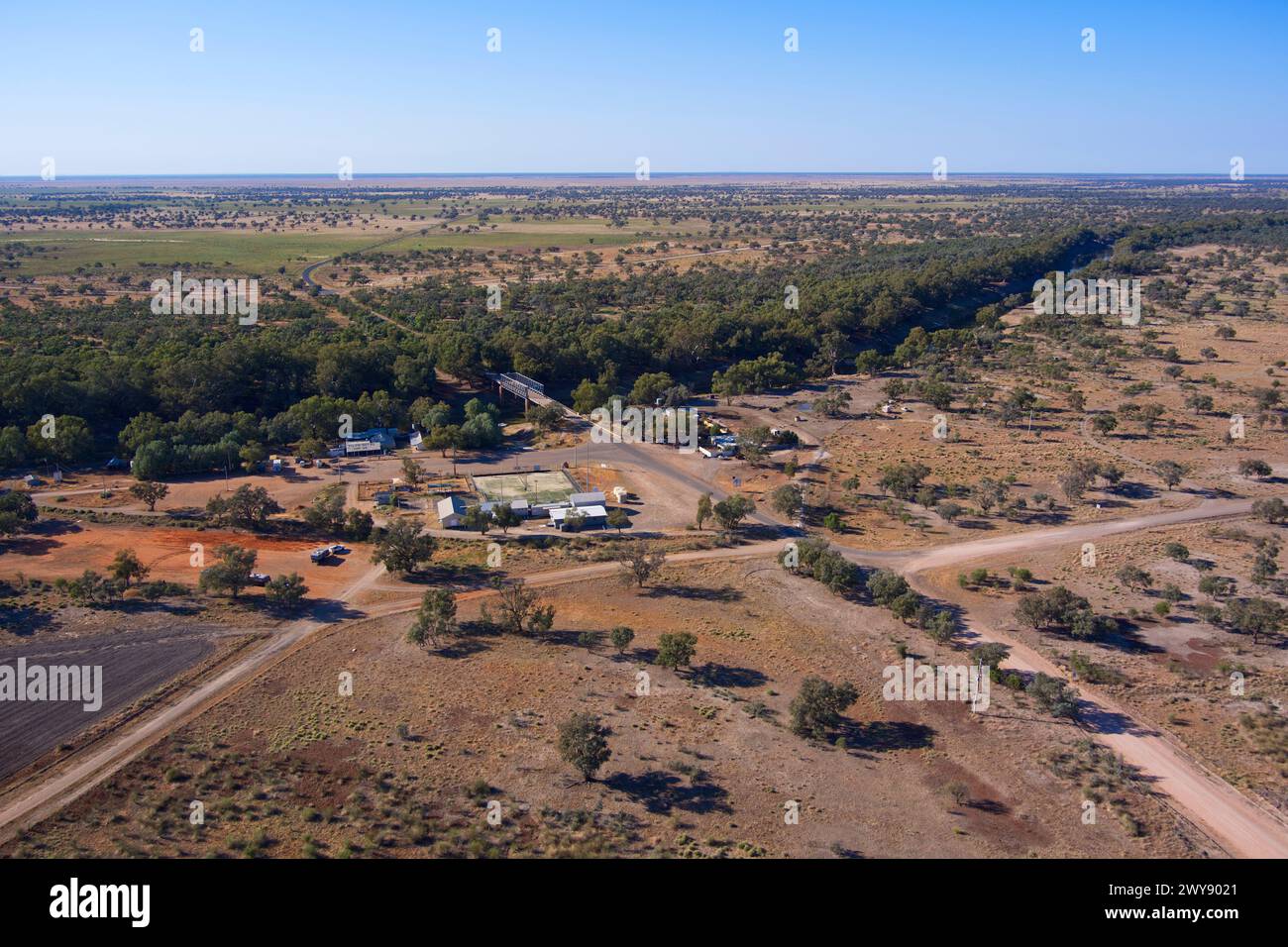 Aerial of the remote riverside village of Tilpa on the flood plains of the Darling River New South Wales Australia Stock Photo