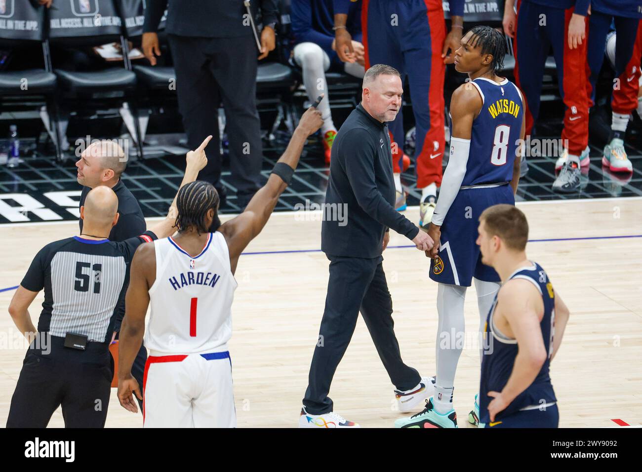 Los Angeles, California, USA. 4th Apr, 2024. Denver Nuggets head coach  Michael Malone being rejected during an NBA basketball game against the Los  Angeles Clippers at Crypto.com Arena on Thursday, April 4,