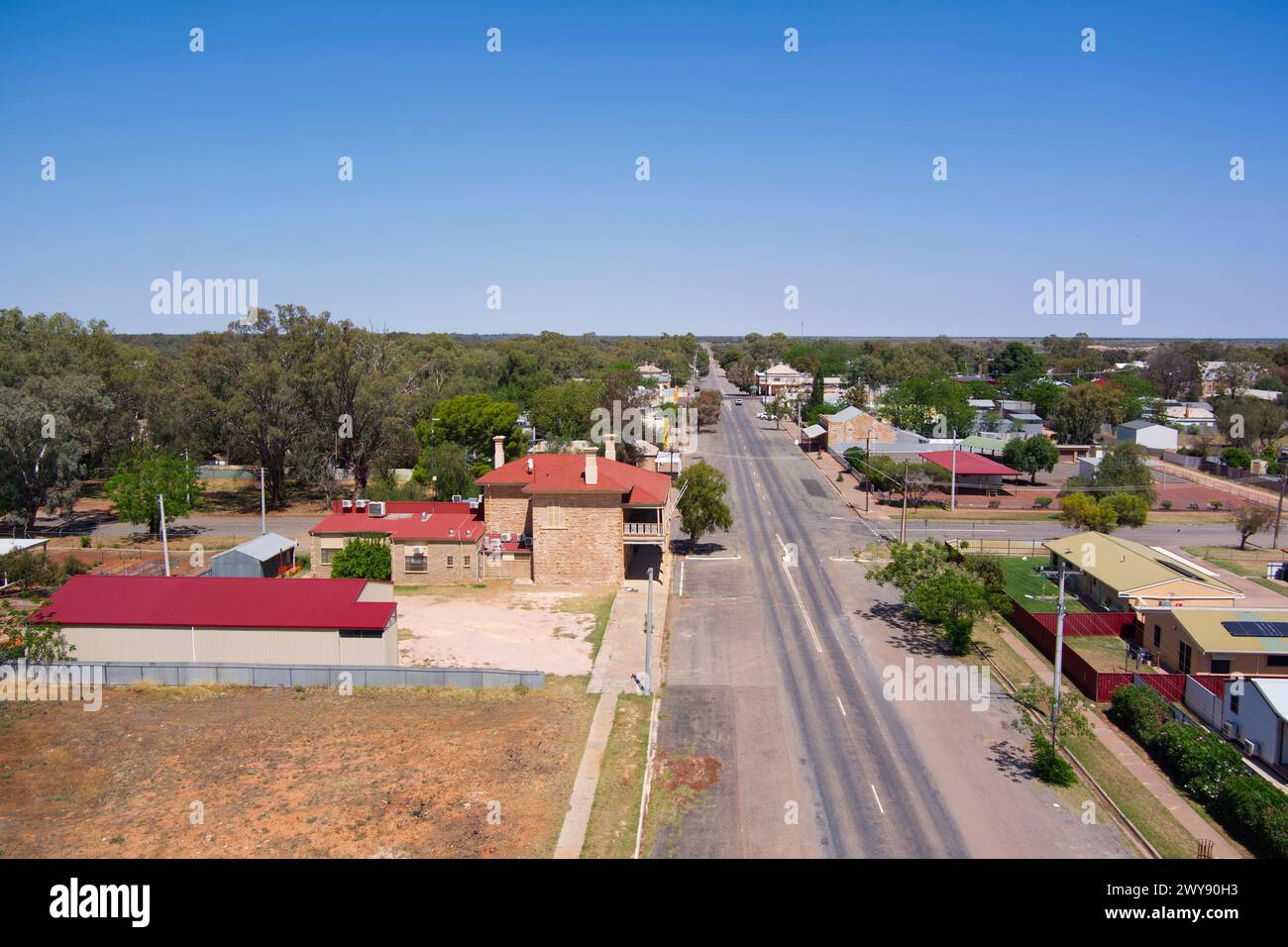 Aerial of the former river port of Wilcannia on the banks of the Darling River New South Wales Australia Stock Photo