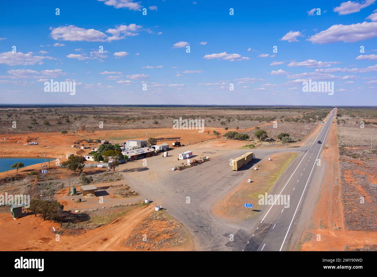Aerial of the Little Topar Hotel - Roadhouse on the Barrier Highway between Broken Hill and Wilcannia in the arid lands of Western NSW Australia Stock Photo