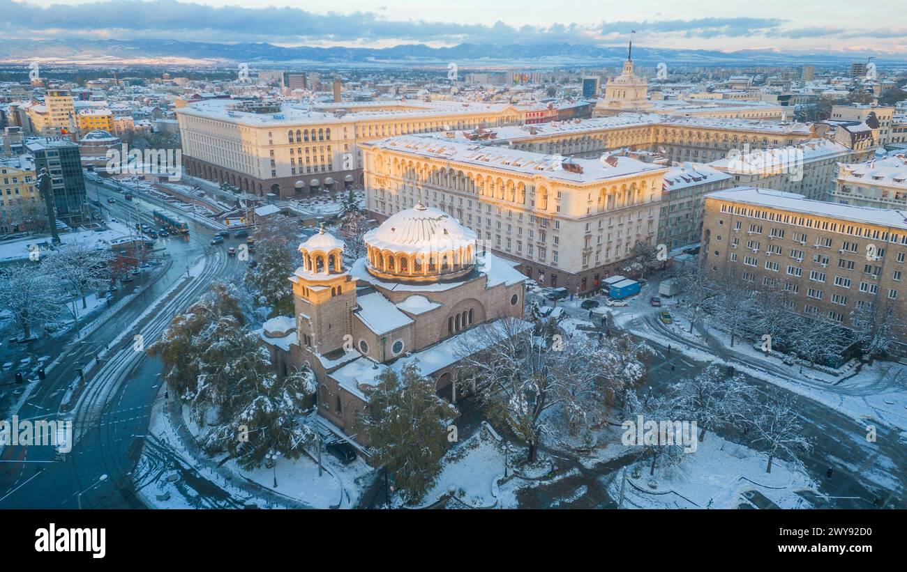 Sofia, Bulgaria, November 27, 2023: Winter aerial view of Saint Nedelya church in Sofia, Bulgaria Stock Photo