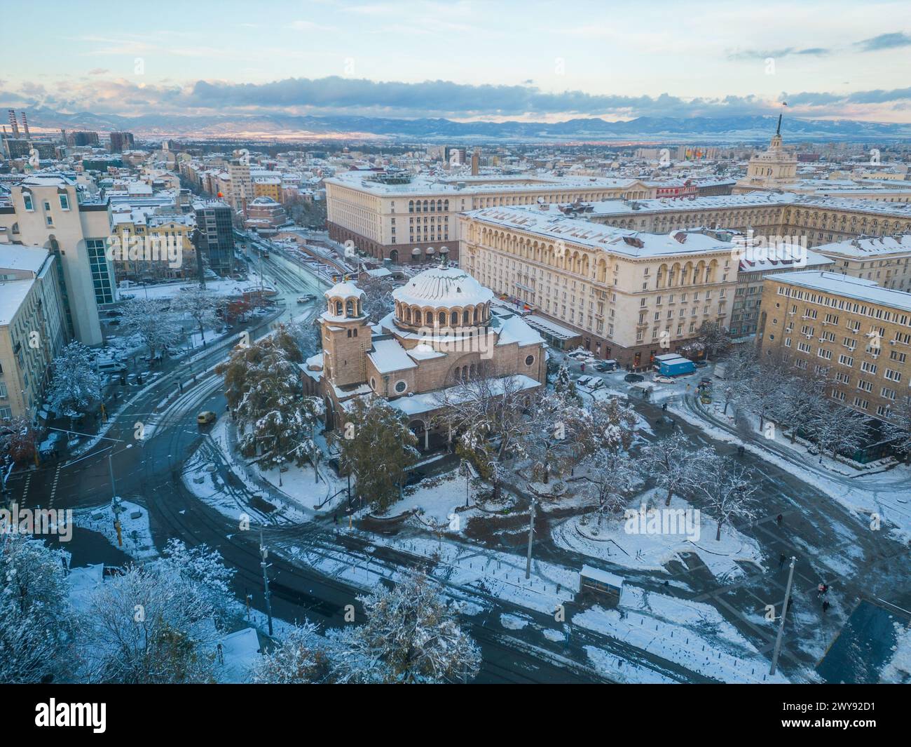 Sofia, Bulgaria, November 27, 2023: Winter aerial view of Saint Nedelya church in Sofia, Bulgaria Stock Photo