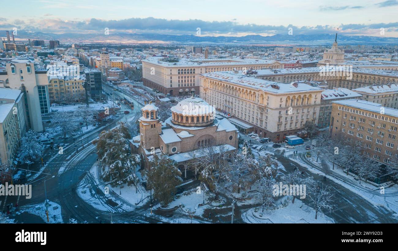 Sofia, Bulgaria, November 27, 2023: Winter aerial view of Saint Nedelya church in Sofia, Bulgaria Stock Photo