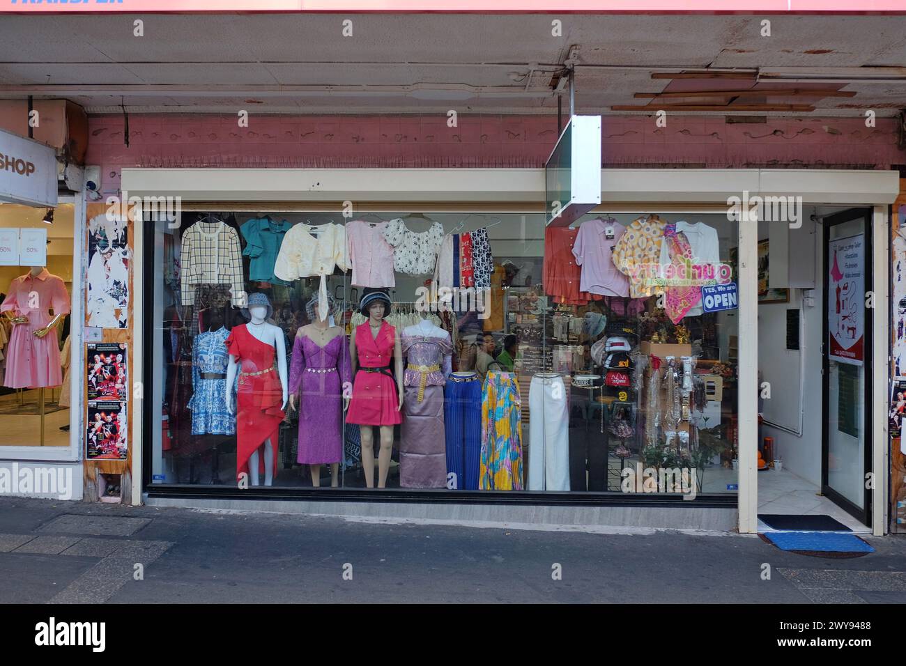 Fashion on display in the window of a clothing shop in Cabramatta, Western Sydney Stock Photo