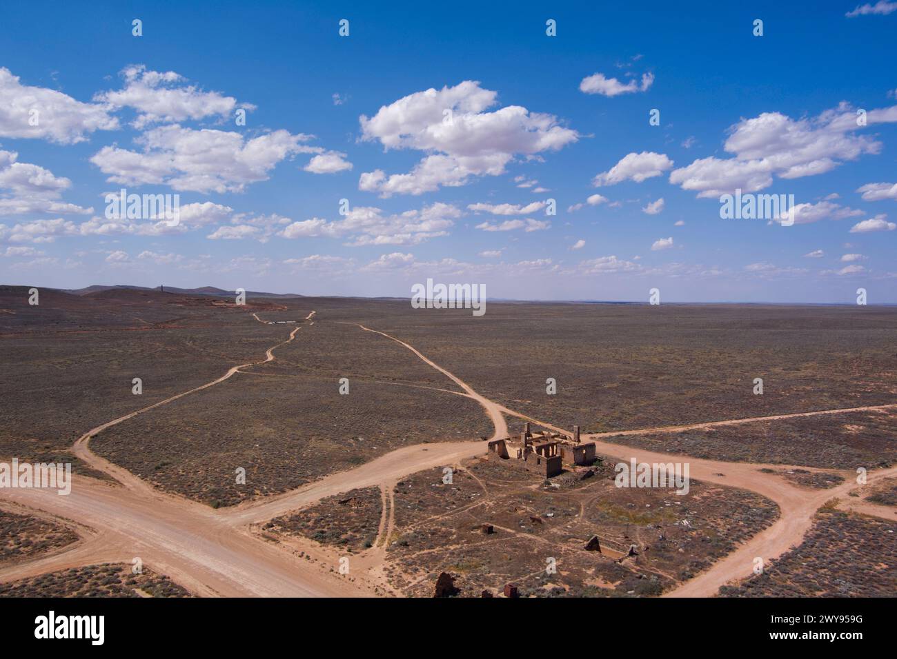 Aerial of the ruins of the Waukaringa gold fields Hotel near Yunta