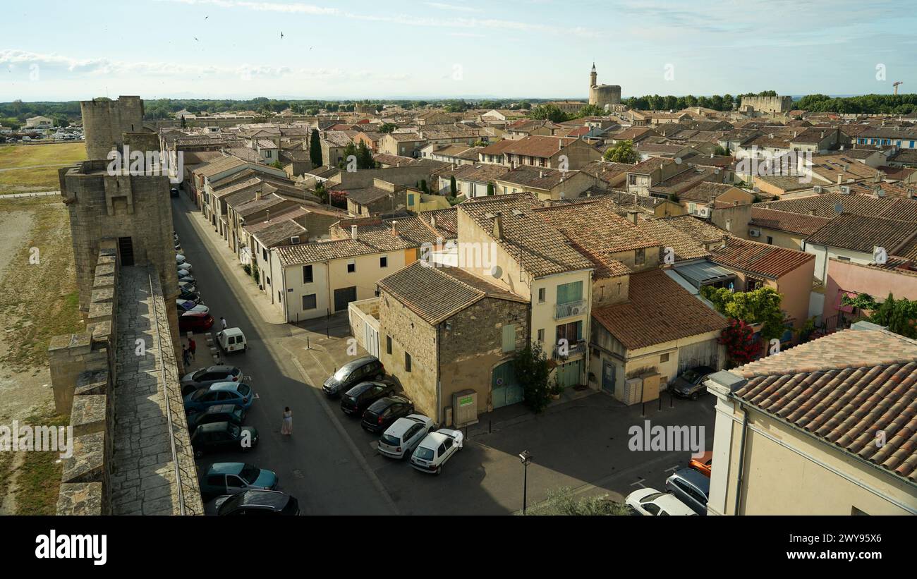Aigues Mortes, France - June 26 2021: Paromic aerial view of medieval city with Constancy Tower and ramparts Stock Photo