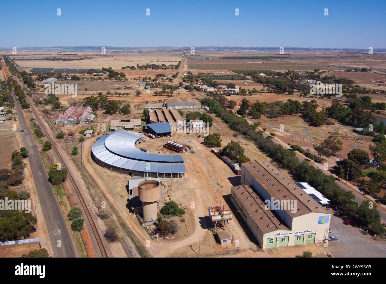 Aerial of The Steamtown Heritage Rail Centre  is a static railway museum based in the former railway workshops Peterborough, South Australia Stock Photo