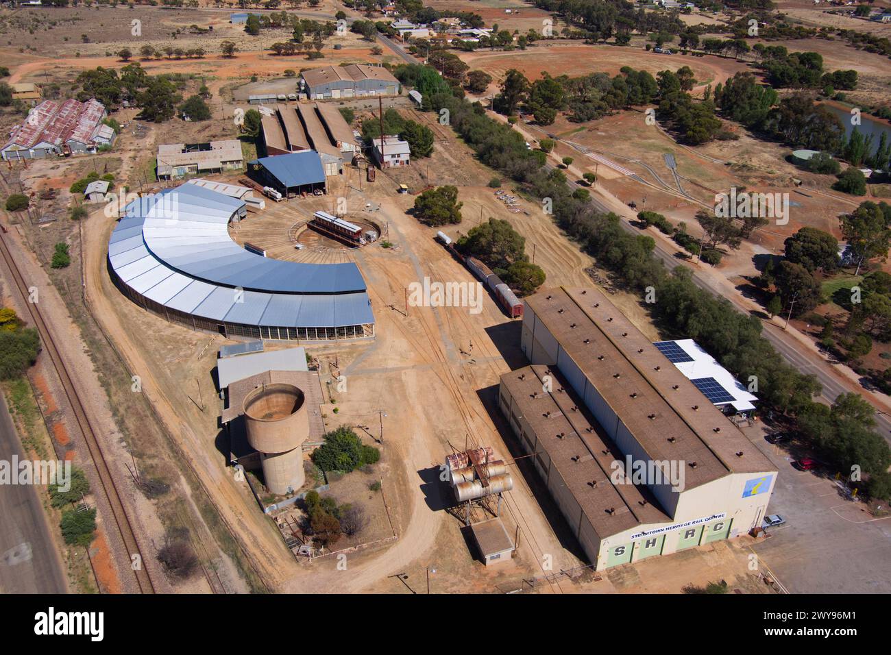 Aerial of The Steamtown Heritage Rail Centre  is a static railway museum based in the former railway workshops Peterborough, South Australia Stock Photo
