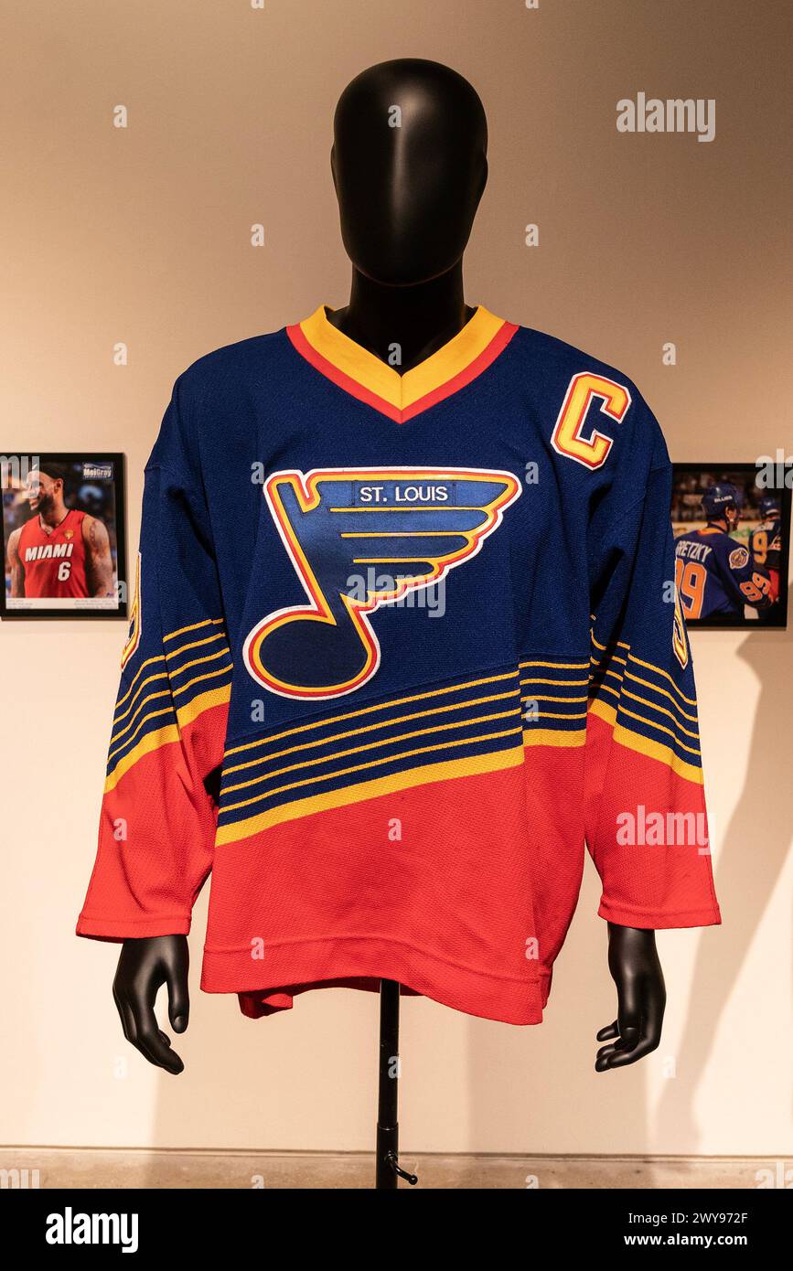 New York New York USA. 4th Apr 2024. Wayne Gretzky St. Louis Blues season 1995 1996 worn jersey on display during press preview for the Sotheby s auctions of sport memorabilia in New York