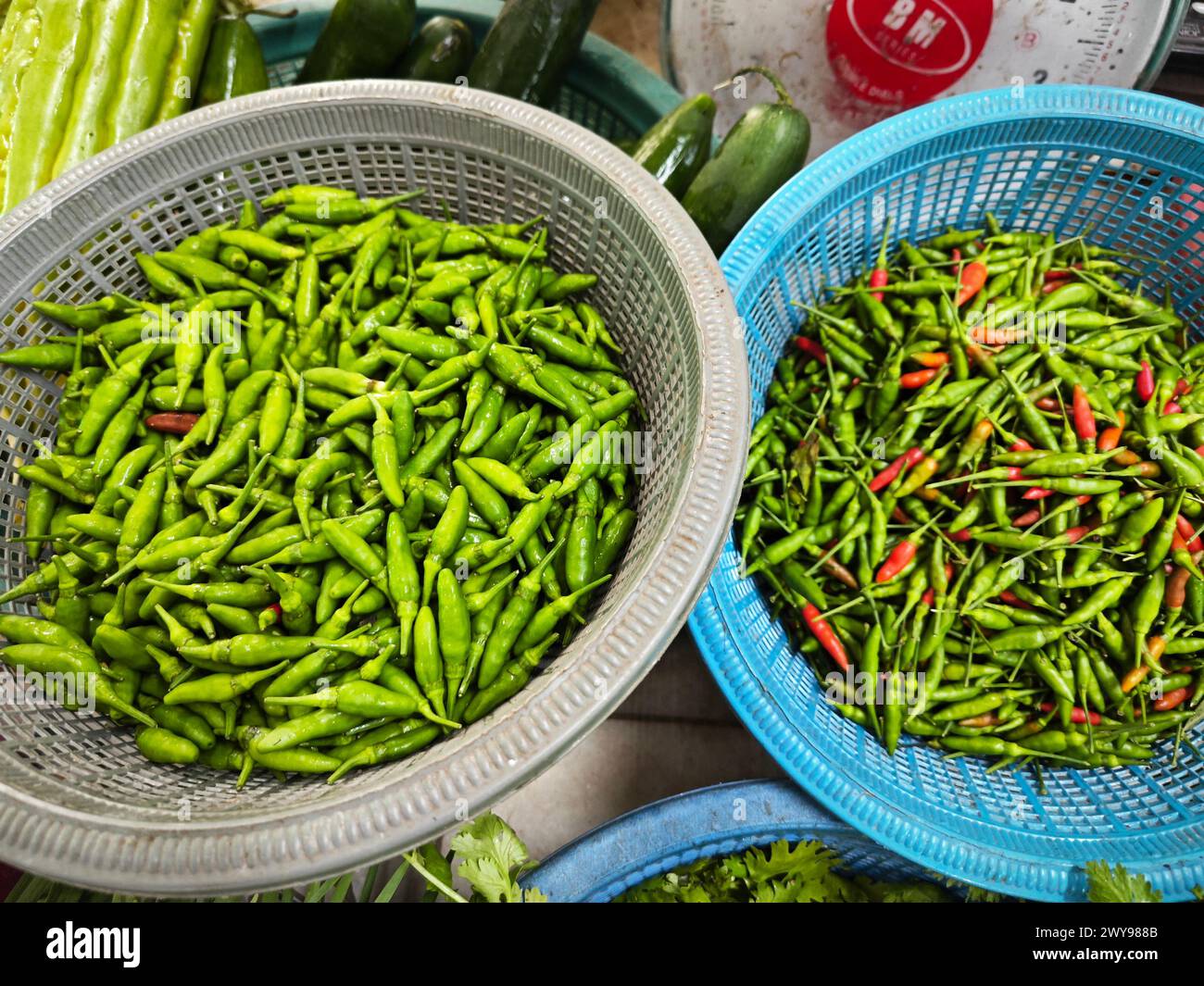 Green fresh chilli display hi-res stock photography and images - Alamy