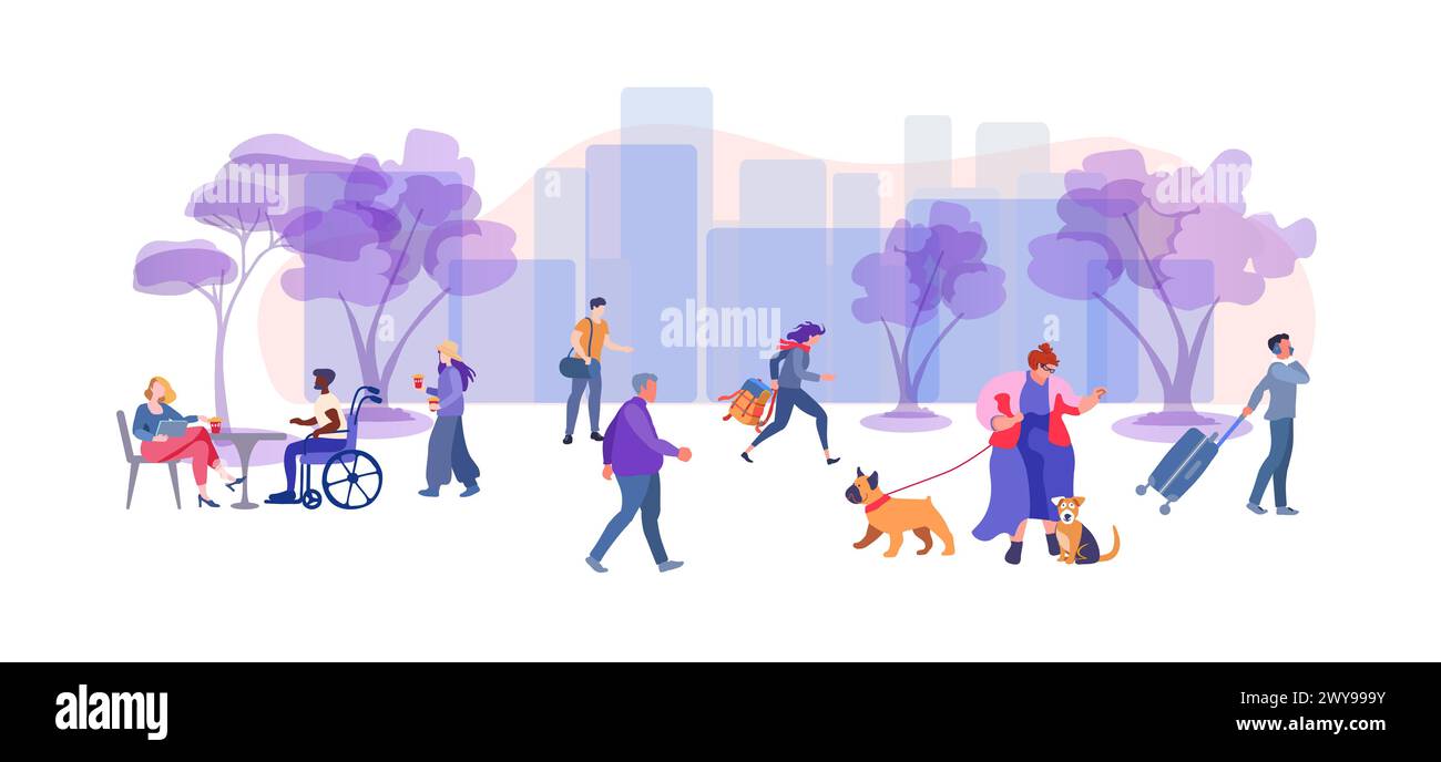 People going along city street With trees. Big woman walks with a dogs. Urban panorama with pedestrians, buildings and road. Horizontal cityscape. Scene with citizens walking at sidewalks in town. Flat vector illustration Stock Vector