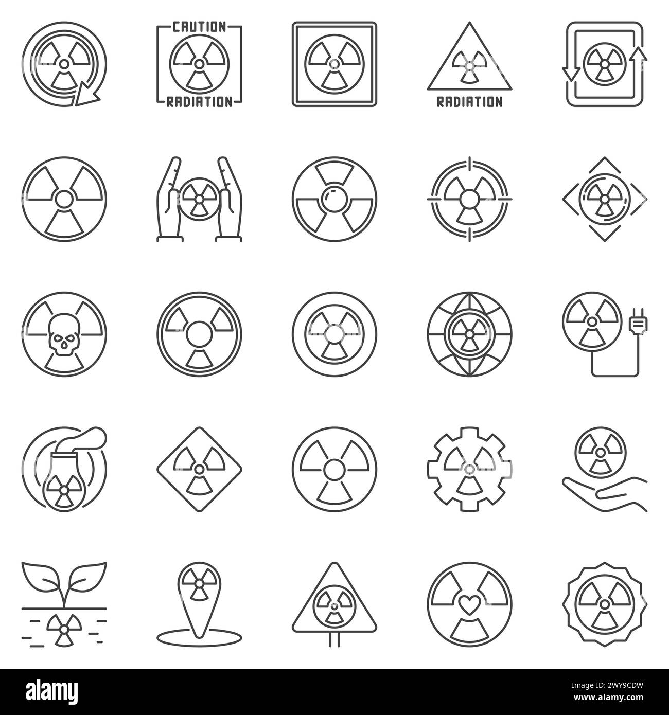 Radiation Warning outline icons set - Radioactive signs and Nuclear Radiation Attention concept thin line symbols collection Stock Vector