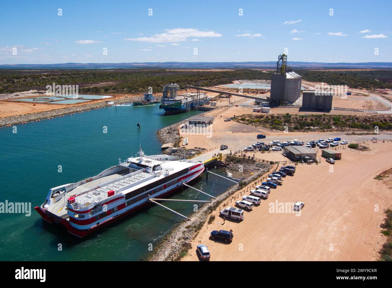 Aerial of the Wallaroo to Lucky Bay ferry berthing at Lucky Bay South Australia Stock Photo