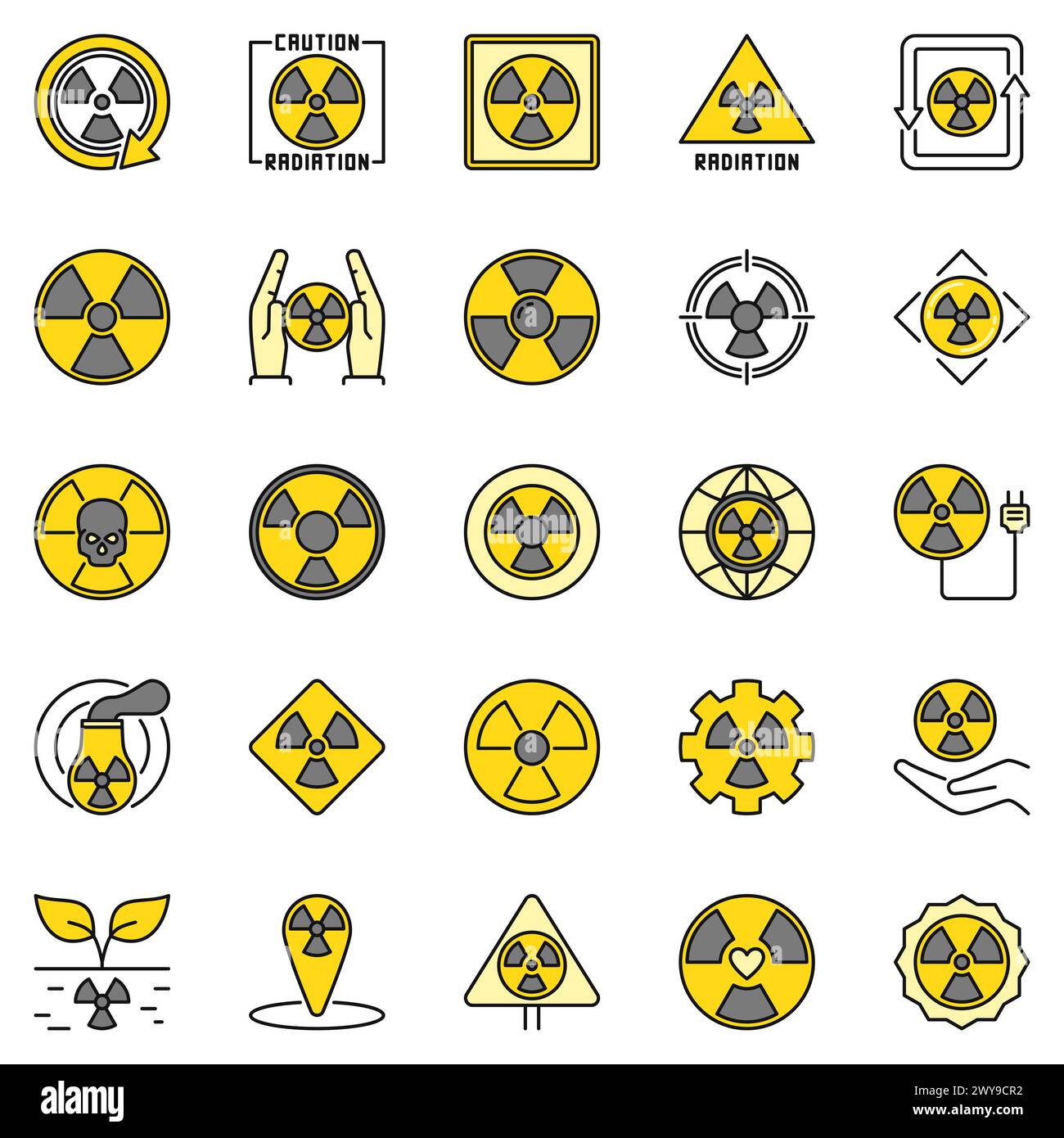 Radiation Warning colored icons. Nuclear Radioactive symbols and Radiological Contamination Danger concept signs set Stock Vector