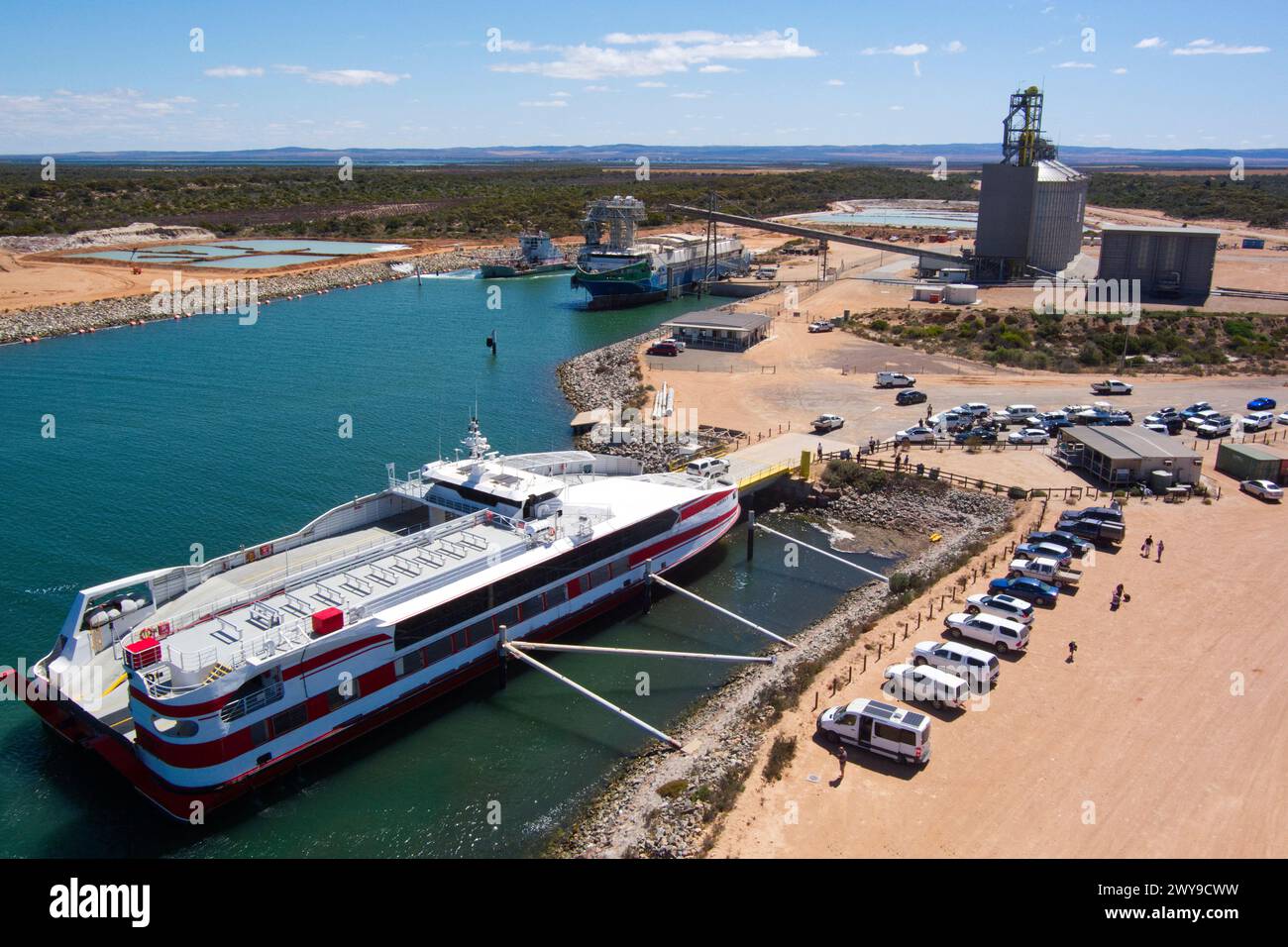 Aerial of the Wallaroo to Lucky Bay ferry berthing at Lucky Bay South Australia Stock Photo