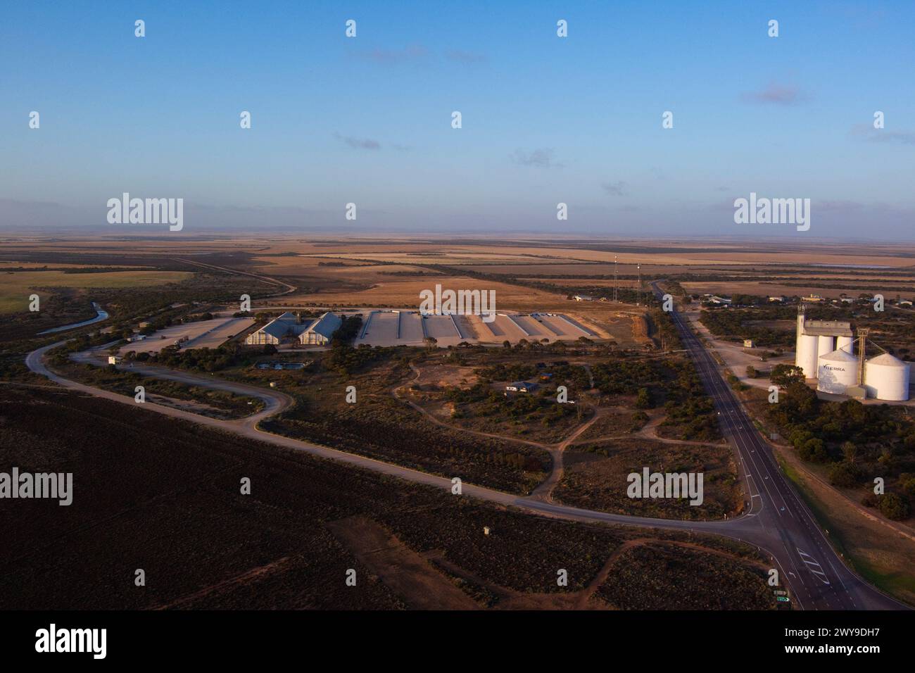Aerial of the Viterra grain silo and bunker depot Arno Bay South Australia Stock Photo