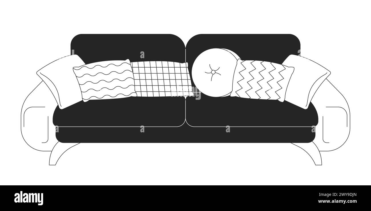 Cozy sofa with various pillows 2D linear cartoon object Stock Vector