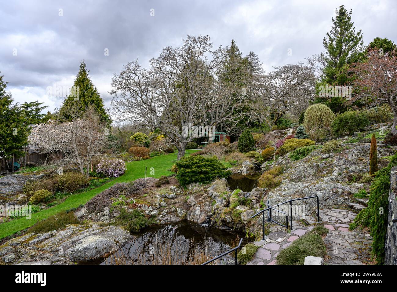 A scenic view of Abkhazi Garden in Victoria British Columbia on a cloudy day Stock Photo