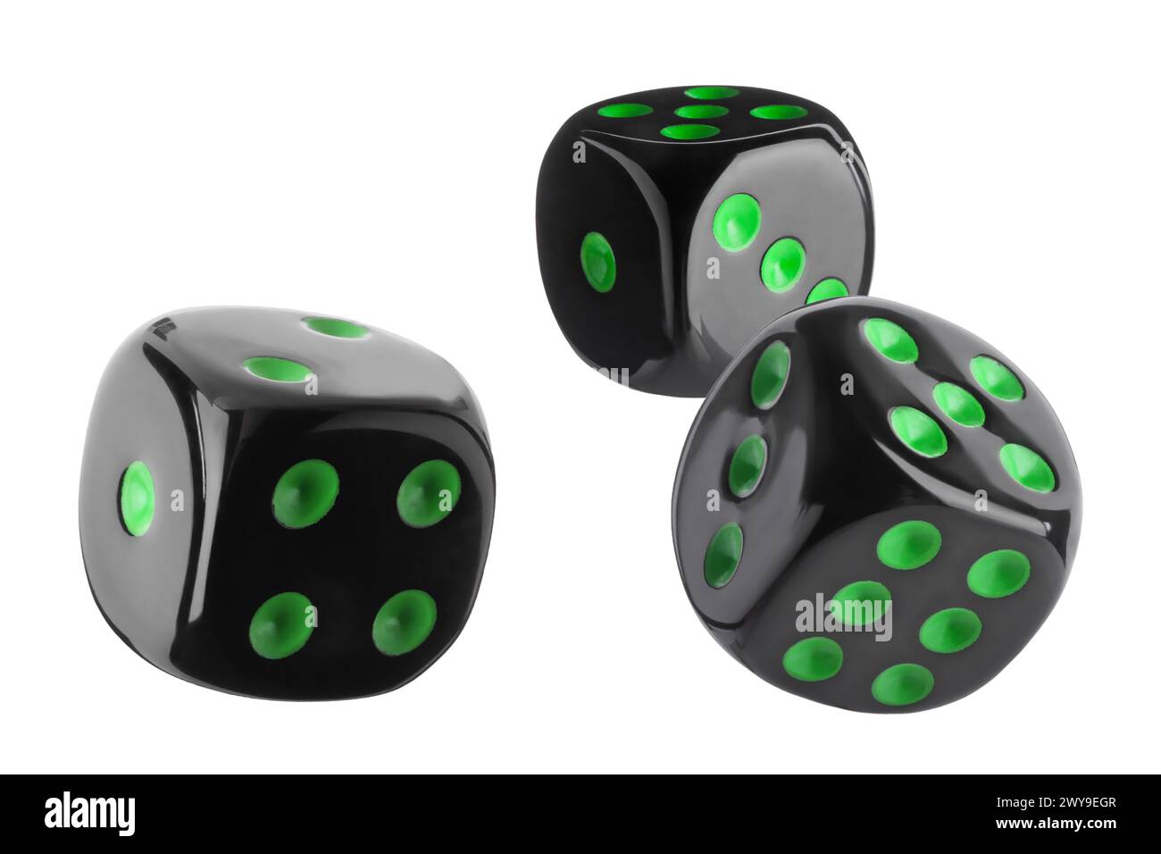 Three black dice in air on white background Stock Photo
