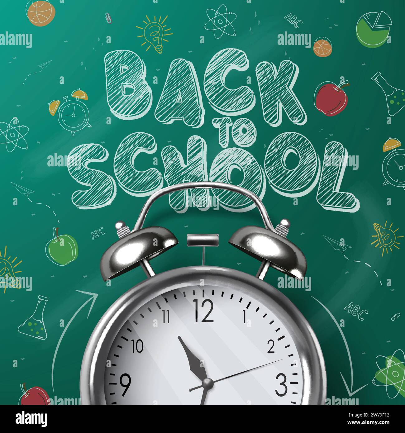 Back to  school vector poster design. Back to school greeting text in chalkboard space with alarm clock elements and doodle hand drawn educational Stock Vector