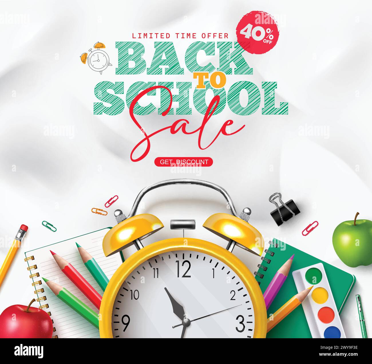 Back to school sale text vector banner design. Back to school limited time offer with alarm clock, color pencil and notebook elements for shopping Stock Vector