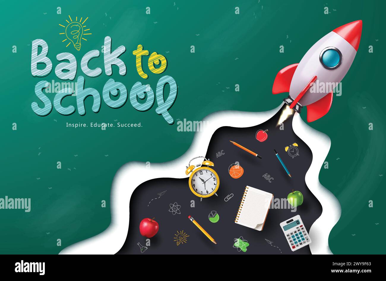 Back to school vector template design. Back to school greeting text in chalk board space with rocket ship launch element and educational supplies item Stock Vector