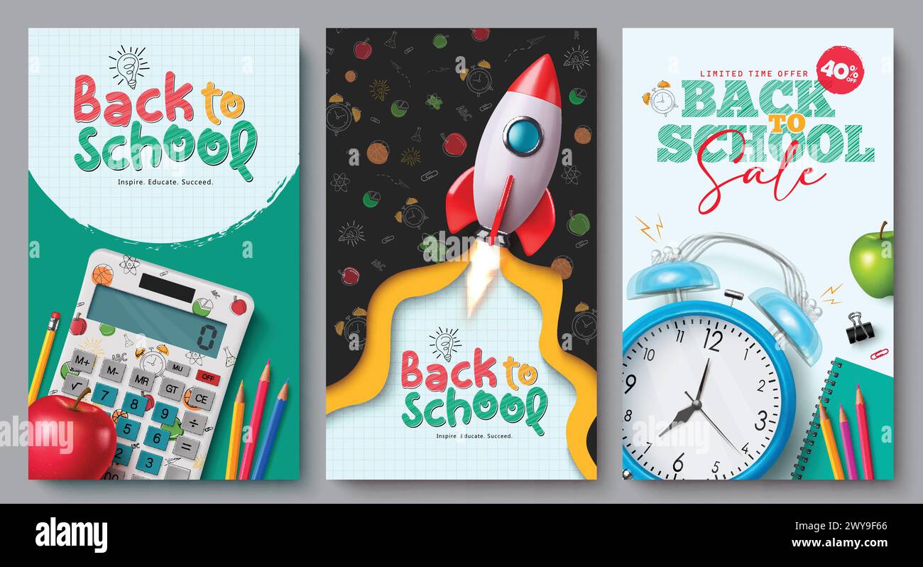 Back to school text vector poster set. Back to school greeting and sale educational lay out collection with education supplies, items, materials Stock Vector